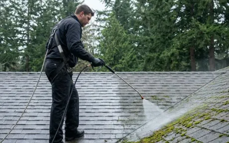 Low-pressure soft washing of a roof