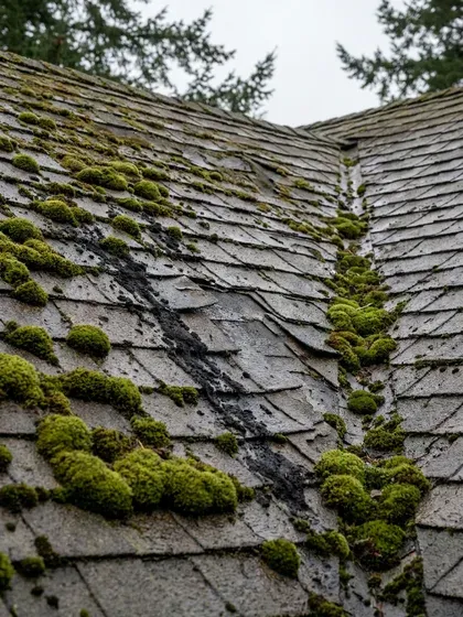 Roof shingles covered in green moss before treatment on a Bellingham home