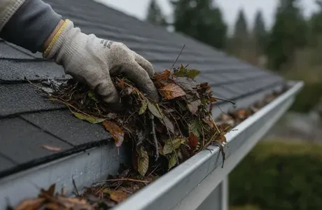 Gutter being cleared of debris and leaves