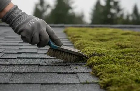 Moss-covered roof being cleared by hand